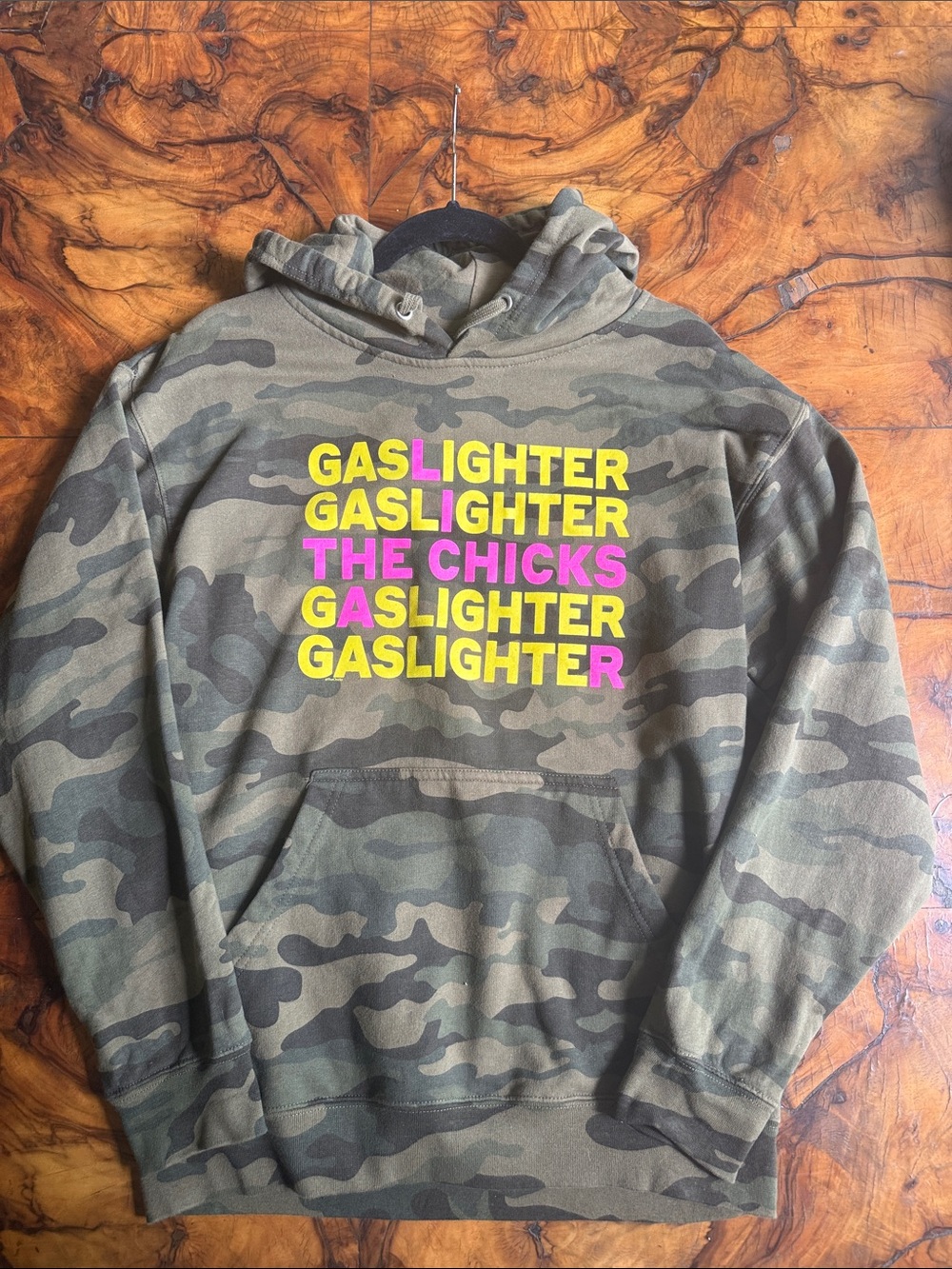 Camo Graphic Hoodie with Bright Text